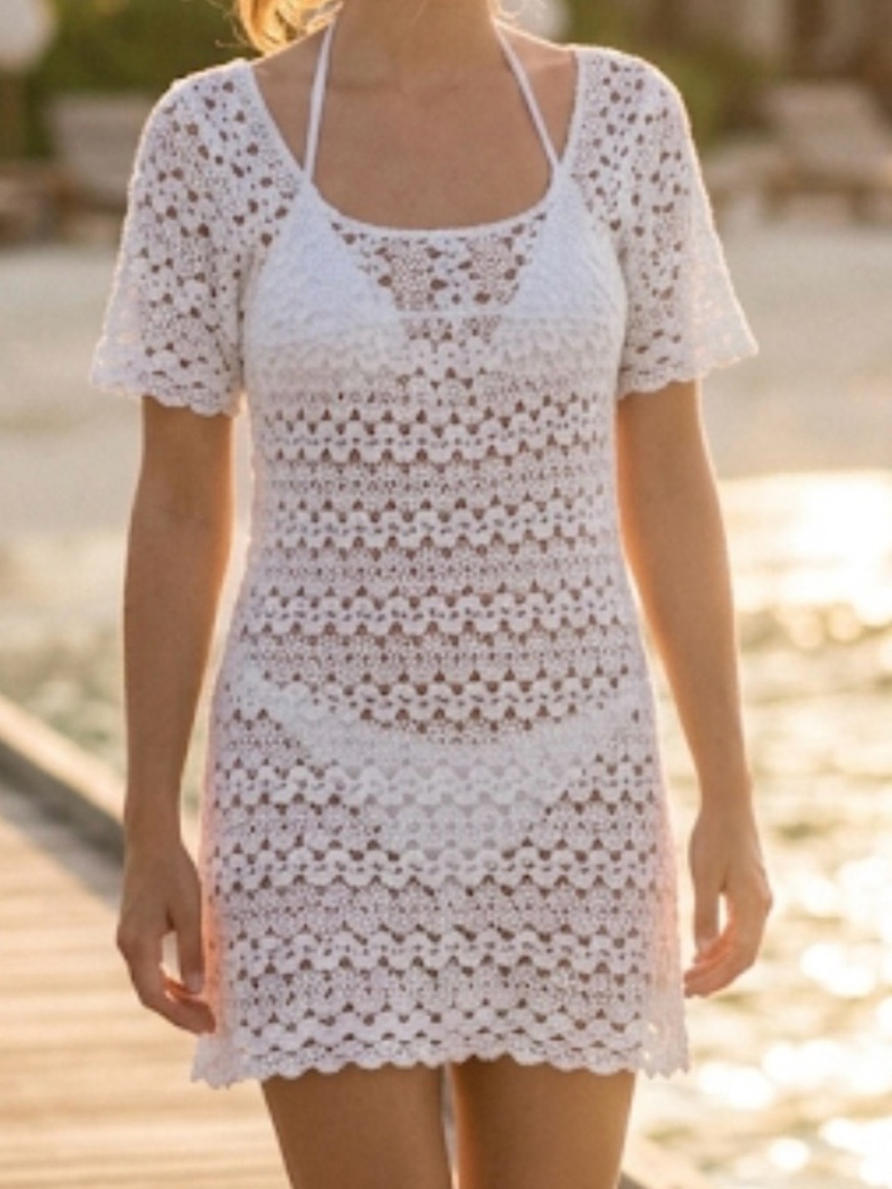 Mimi Chica White Crochet Short-Sleeve Swim Coverup